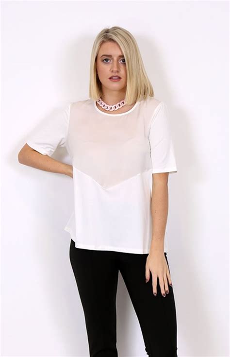 Womens White Top With Sheer Detail White Top Women Tunic Tops Tops
