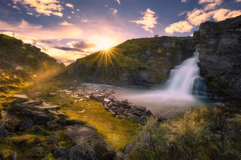 2560x1700 Beautiful Waterfall And Sunrise Chromebook Pixel Hd 4k