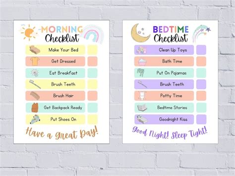 Kids Morningbedtime Checklist Printable Chore Chart Kid Etsy