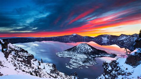 壁紙 クレーターレイク、美しい冬、雪、日の出、山、雲 1920x1080 Full Hd 2k 無料のデスクトップの背景 画像
