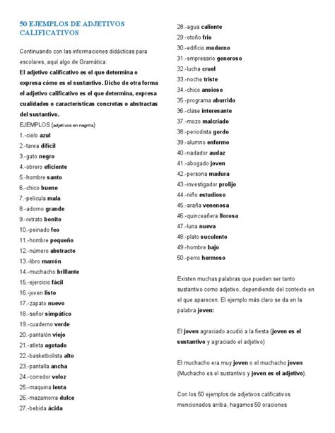 PDF 50 Ejemplos De Adjetivos Calificativos DOKUMEN TIPS