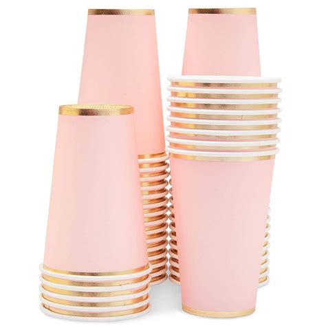 Pink Paper Cups 50 Pack 12oz Disposable Cups Light Pink With Gold
