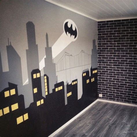 Bedroom With Gotham City Mural And Brick Wallpaper For The Batman Fan
