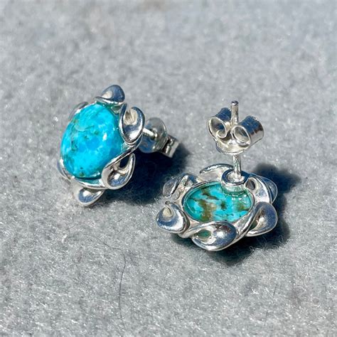 Genuine Turquoise Stud Earrings Blue Stone Earrings With 10 Etsy