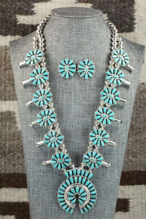 Turquoise Sterling Silver Squash Blossom Necklace And Earrings