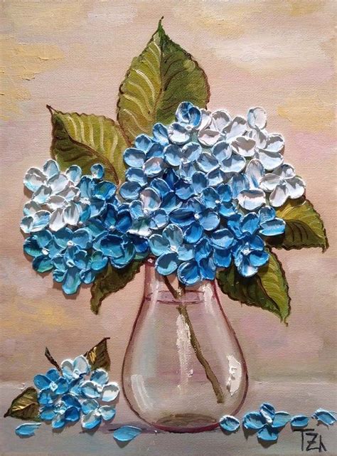 Blue Hydrangeas In A Glass Vase Original Oil Impasto Painting Size 9 In