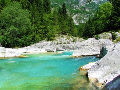 Emerald Colored Soca River At The End Of Great Soca Gorge Stock Image