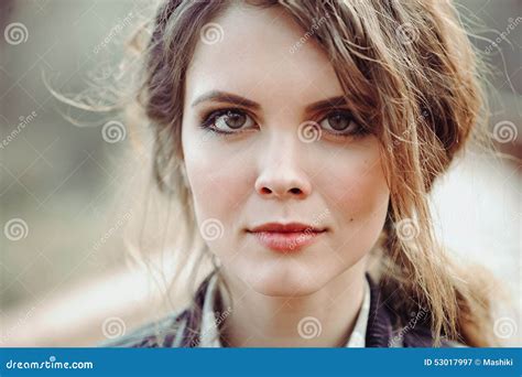 Outdoor Close Up Portrait Of Young Beautiful Woman With Natural Make Up