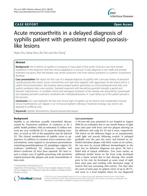 Pdf Acute Monoarthritis In A Delayed Diagnosis Of Syphilis Patient