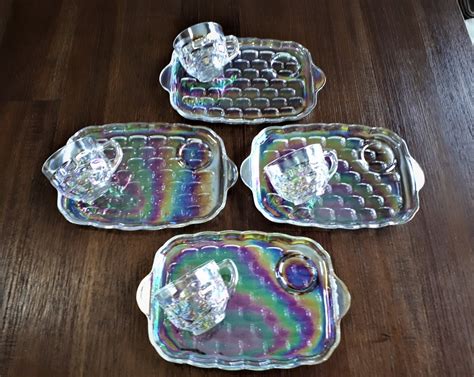 Glass Snack Vintage Set Of 4 Pairs Federal Glass Iridescent Yorktown Cups And Plates Total 8