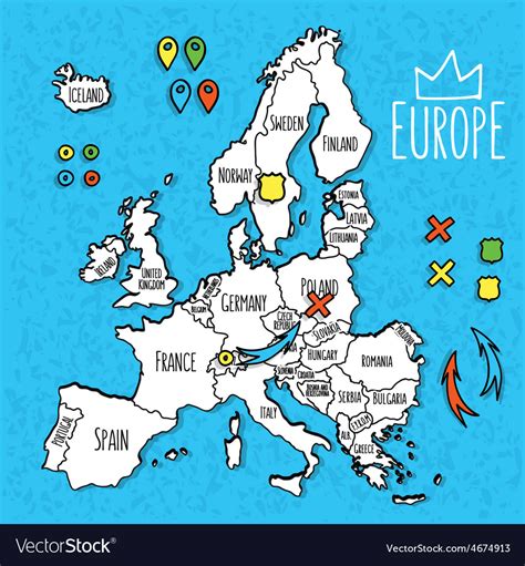 Cartoon Style Hand Drawn Travel Map Europe Vector Image