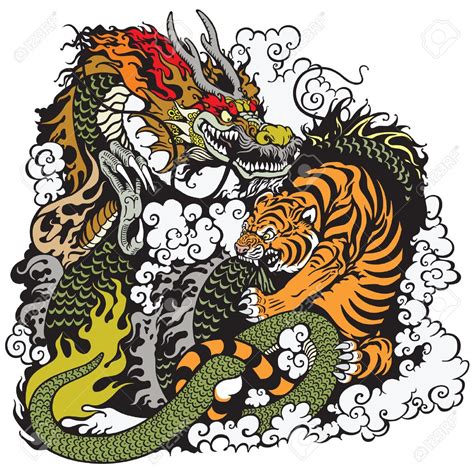 Vector Dragon And Tiger Fighting Illustration Matte Painting Mural