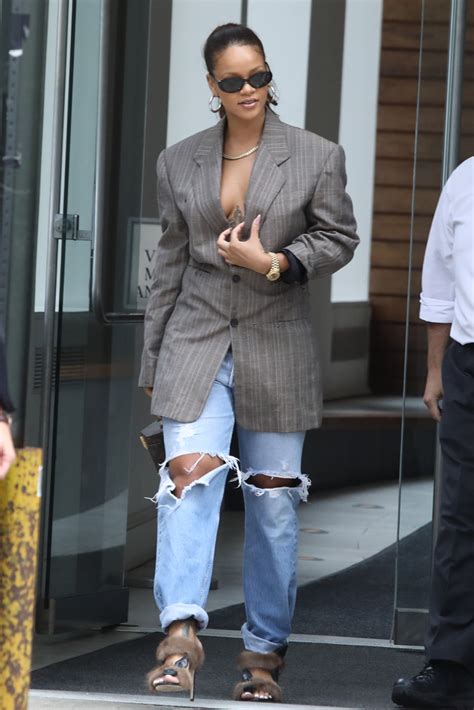 Rihanna Rocks Major Trends In An Oversized Suit Jacket And Fur Sandals Footwear News