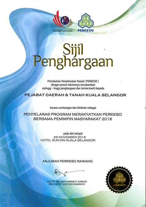 Kementerian kewangan malaysia sijil akuan pendaftaran. Portal Rasmi PDT Kuala Selangor Sijil Penghargaan dari PERKESO