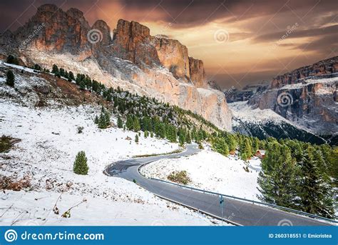 Sella Pass Italy Breathtaking Snowy Sunset Scenics In Dolomite Alps