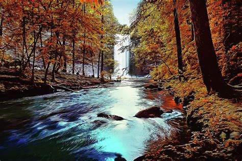 Waterfall River And Autumn Leaves Painting By Elaine Plesser Fine Art