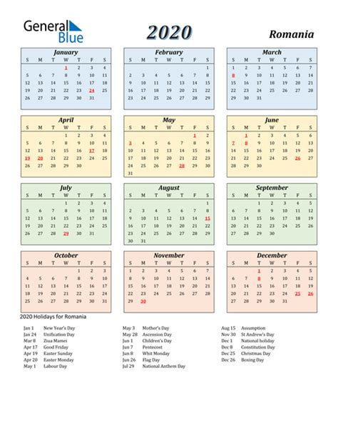 2020 Romania Calendar With Holidays