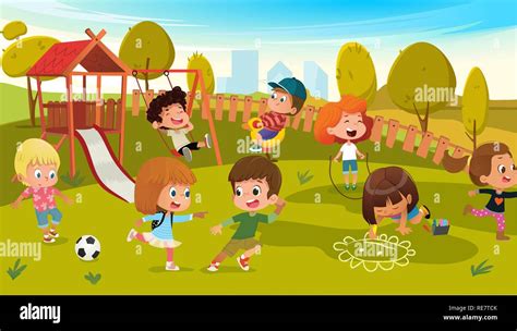 Los Niños Jugar En El Parque Infantil Ilustración Vectorial Columpio