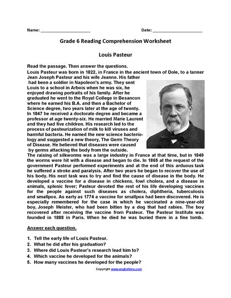 Louis Pasteur Sixth Grade Reading Worksheets Reading Comprehension