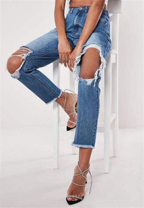 Missguided Blue Riot High Rise Open Ripped Knee Mom Jeans Mom Jeans