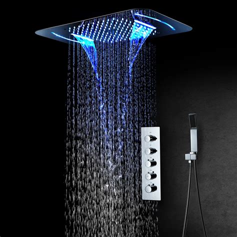 LED Light Shower Head Waterfall Rainfall Shower Bathroom Thermostatic