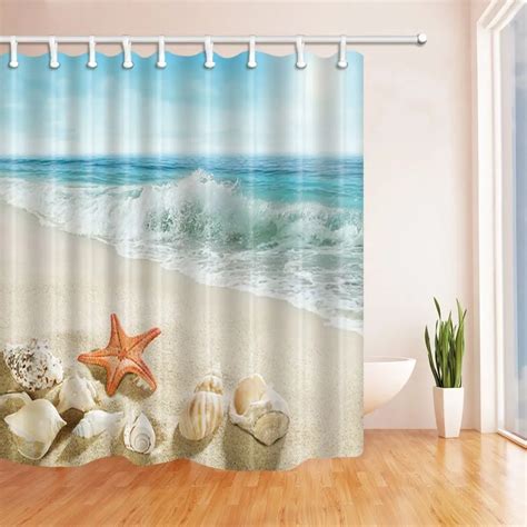 Natural Scenery Shower Curtains For Bathroom Ocean Starfish Beach Blue
