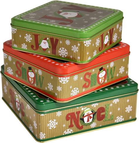 Square Christmas Cookie Tins Nesting Boxes Set Of 3 Designs Holiday Containers