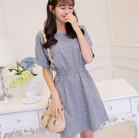 Summer Dress Clothing Preppy Style Short Sleeve Dress Korean Gray Plaid