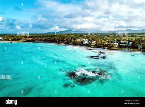 Aerial Drone View At Luxury Resorts And Coastline At Belle Mare Beach