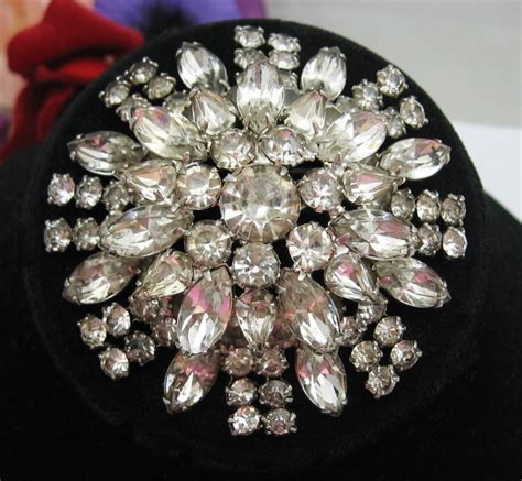 rhinestone double level flower brooch vintage pin in silvertone huge 2 5 8″ in length sold