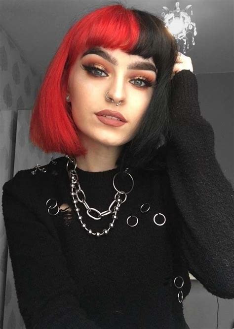 Split Dyed Half Red Half Black Hair Short