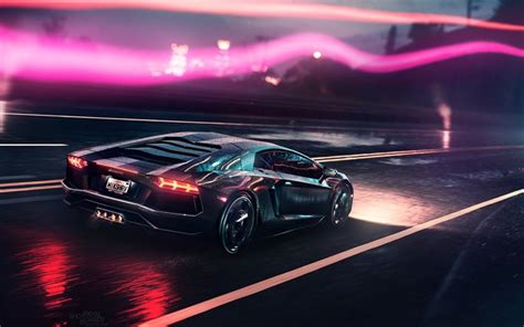 Download Wallpapers Night Lamborghini Aventador Supercars Neon