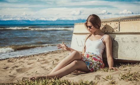 Wallpaper Sunlight Women Outdoors Model Sea Sand Sitting Beach Dress Spring Person