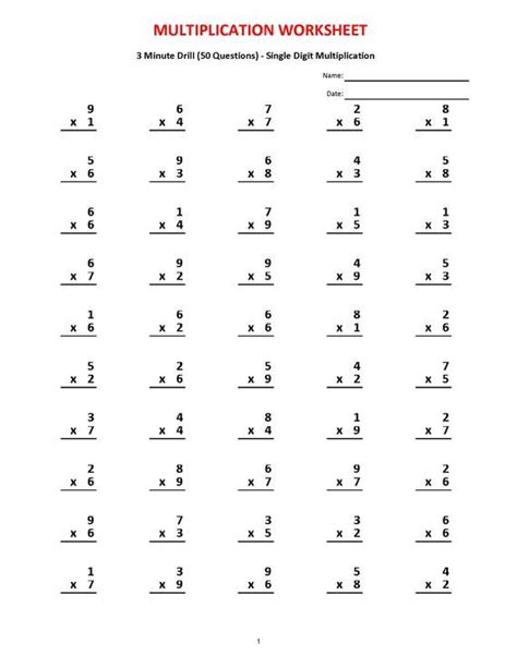 Multiplication Drills Worksheet 3rd Grade