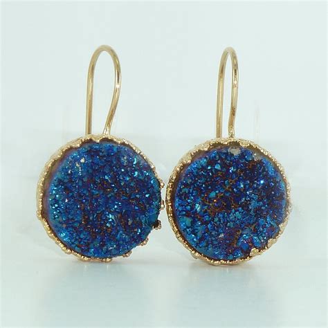 Blue Druzy Earrings Druzy Drop Earrings Gold Earrings Druzy