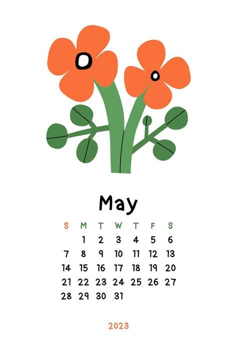 Beautiful Floral Calendar May 2023 Botanical Printable Vector
