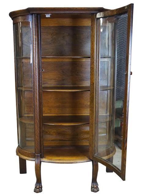Antique American Empire Oak Curved Bowfront Glass Curio Display Cabinet