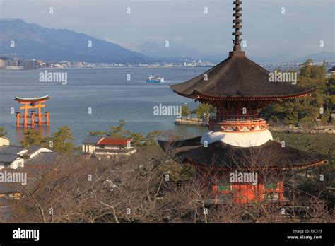 Japan Miyajima Taho To Pagoda Floating Torii Gates Stock Photo Alamy