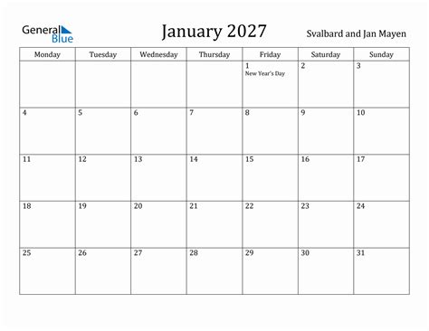 January 2027 Svalbard And Jan Mayen Monthly Calendar With Holidays