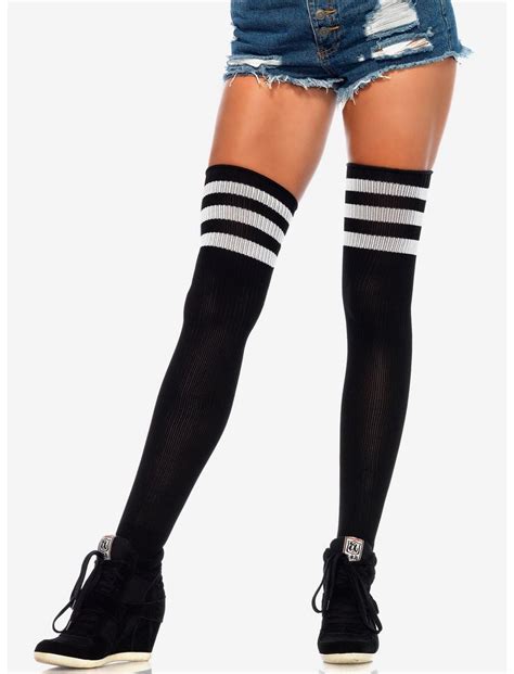 Black And White Stripe Ribbed Athletic Thigh High Socks Hot Topic