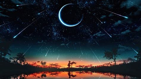 Sunset Starry Night Sky Moon Stars Anime Scenery