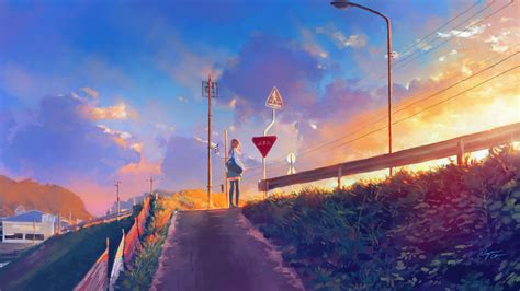 Desktop Wallpaper Sunset Pathway Anime Girl Original Hd Image Picture Background 558437