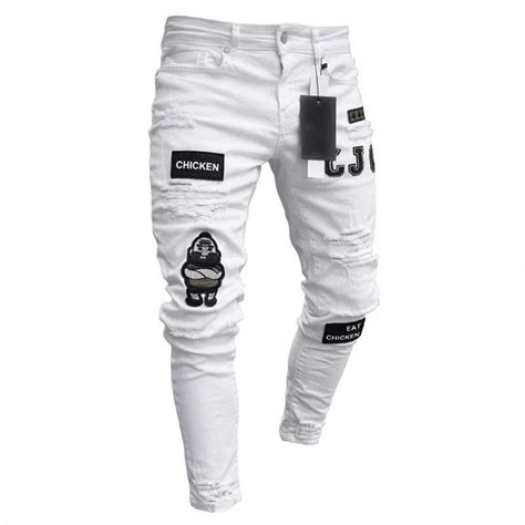 White Embroidery Skinny Ripped Jeans Men Cotton Stretchy Slim Fit Hip Hop Denim Pants Casual