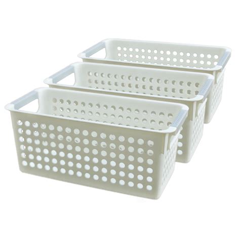 White Rectangular Plastic Shelf Organizer Basket With Handles Set Of 3