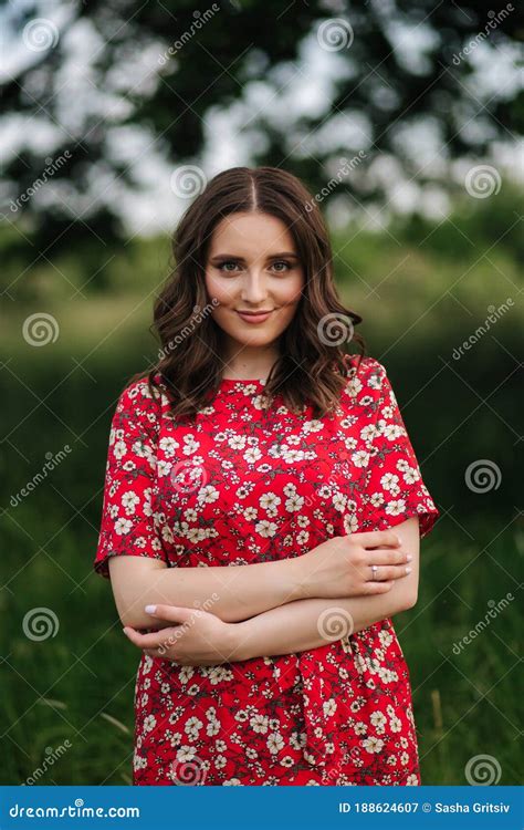 Portrait Of Beautiful Woman In Red Dress Female Outdoors Stock Image