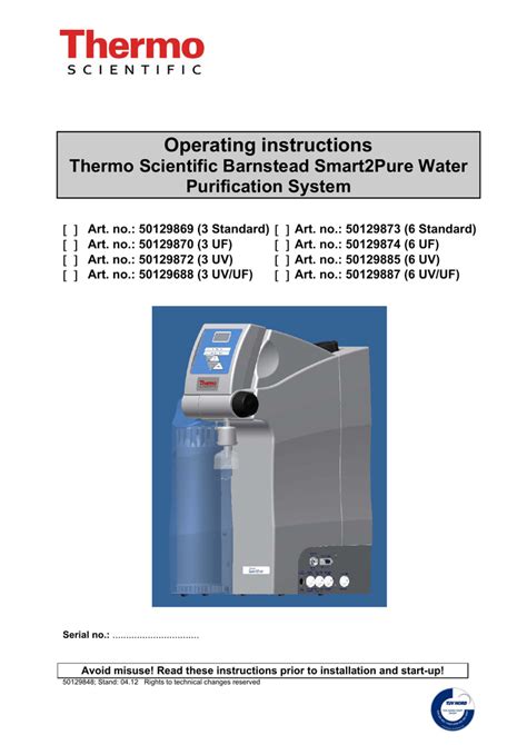 Operating Instructions Thermo Scientific Barnstead Smart2pure Water