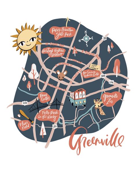 Greenville Sc Map Illustrated Map Greenville South Carolina Etsy