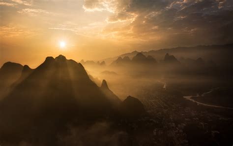 2500x1563 Nature Landscape Mist Sunrise Mountain Guilin River Clouds