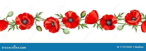 Horizontal Seamless Border With Red Poppy Flowers Vector Illustration