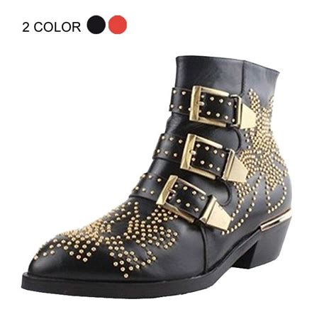 Retro Rivet Metal Buckle Pointed Boots Punk Ankle Boots Women Motorcycle Boots Genuine Leather